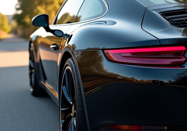 The same Porsche with flawless, mirror-like paint after correction