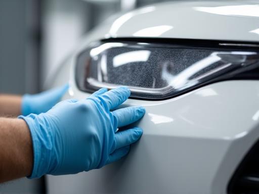 Technician carefully applying Paint Protection Film to a car's bumper